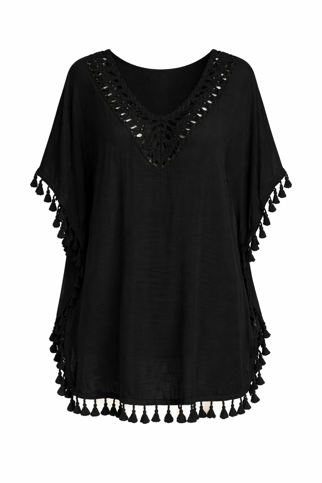 Black Viscose Beach Cover-Up Dress – Open Back Tassel Tunic | Lightweight Resort Wear