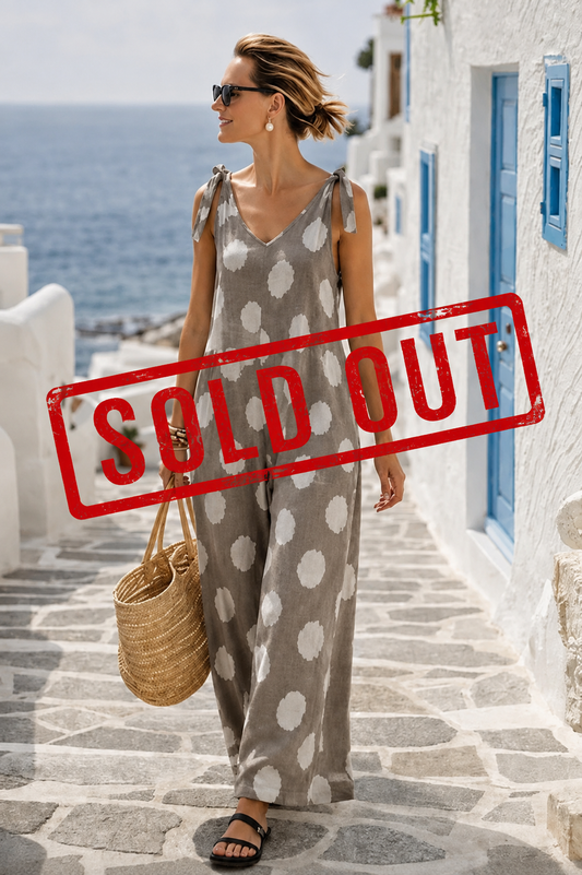 Grey Italian Linen Resort Romper – Chic Wide Leg Polka Dot Style