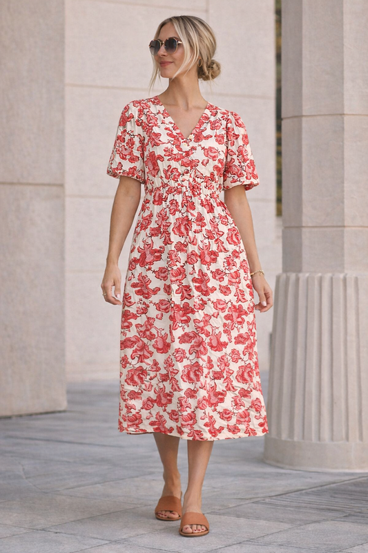Red Floral Linen Midi Dress | B.young