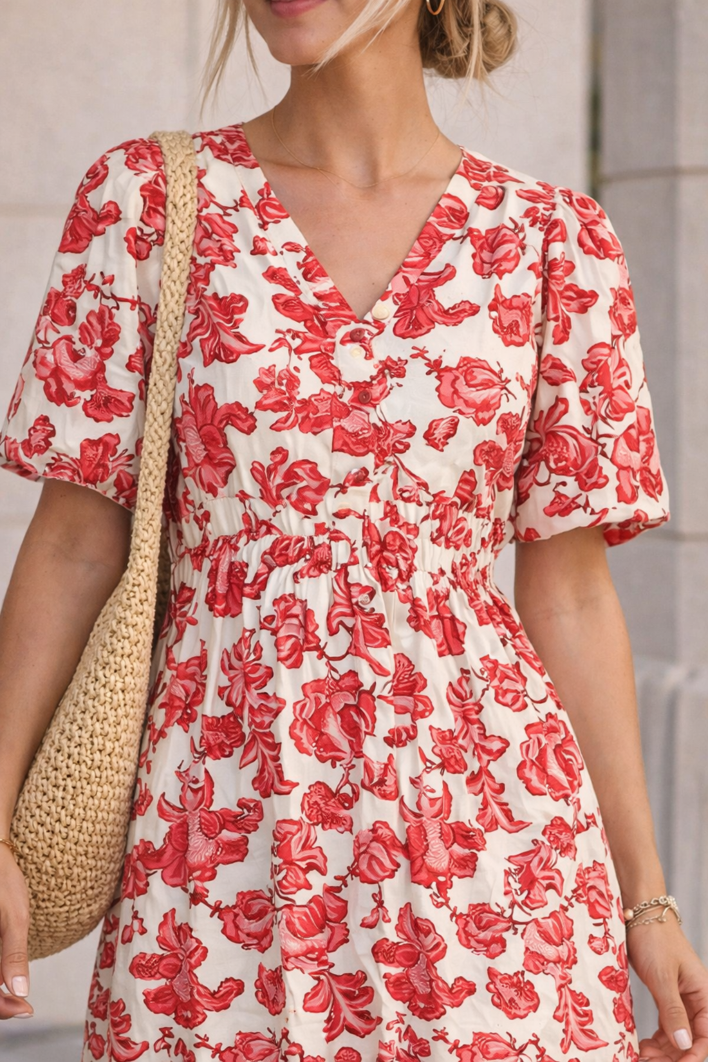Red Floral Linen Midi Dress | B.young