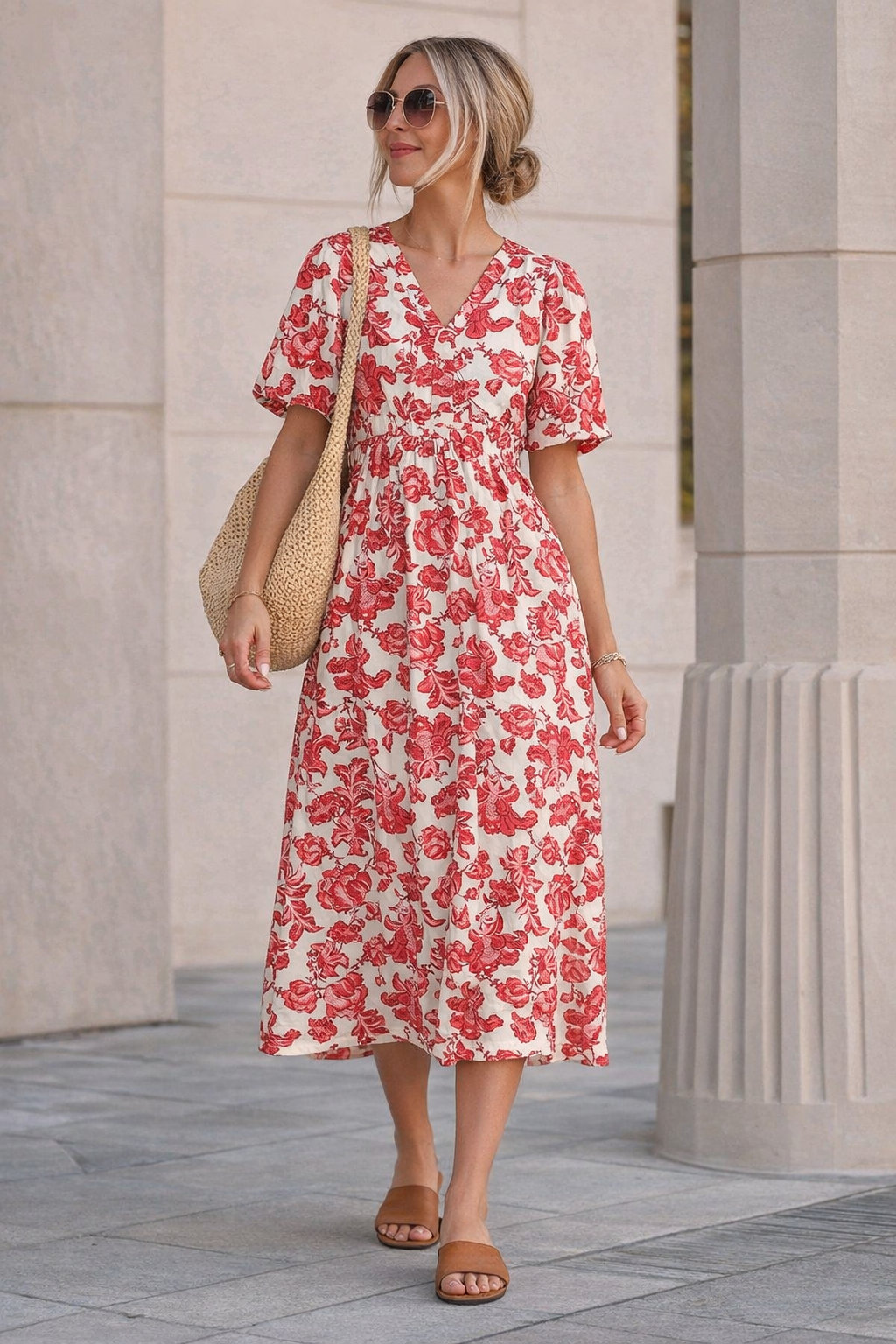 Red Floral Linen Midi Dress | B.young