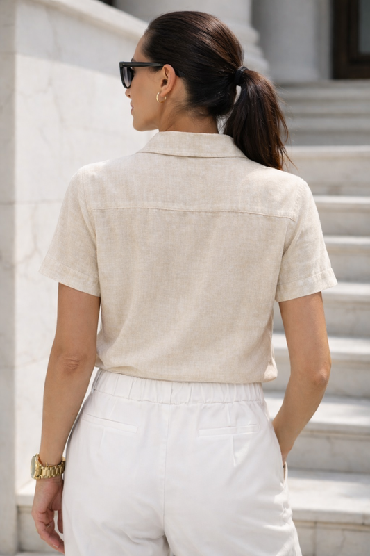 Beige Button Down Blouse with Tie | ICHI