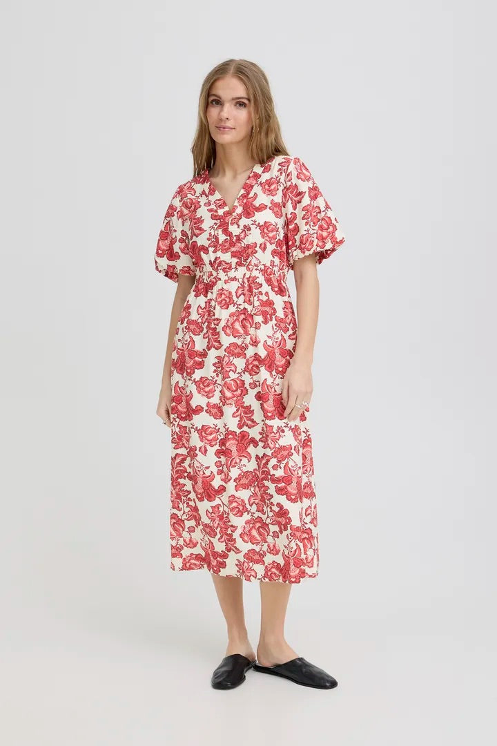 Red Floral Linen Midi Dress | B.young