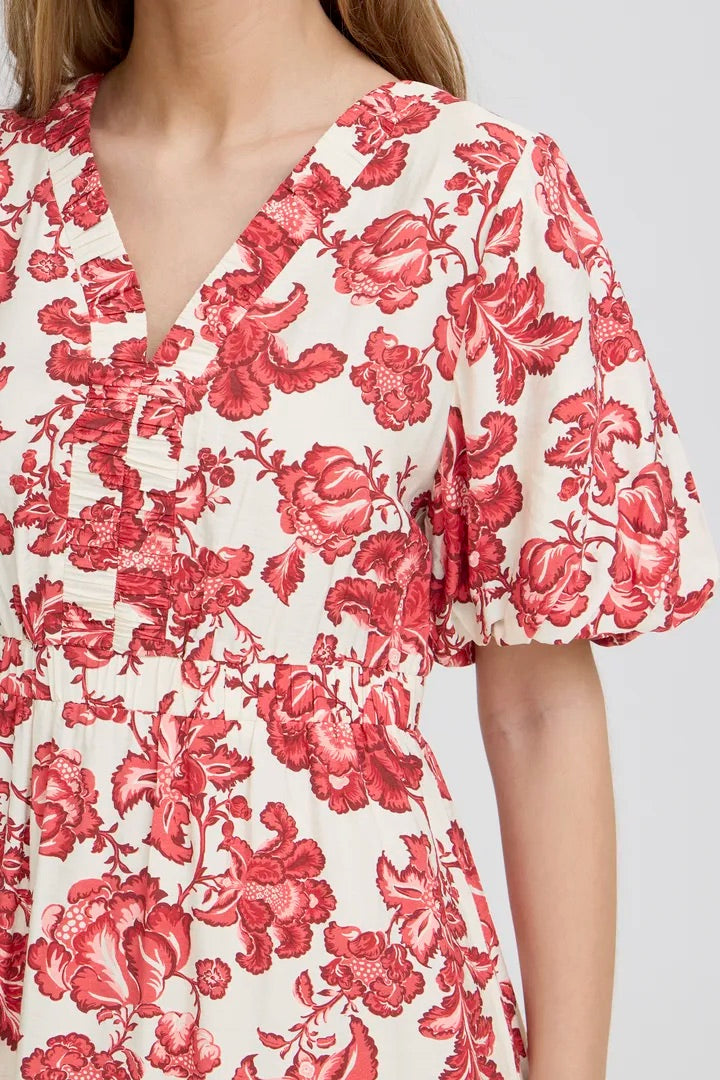 Red Floral Linen Midi Dress | B.young
